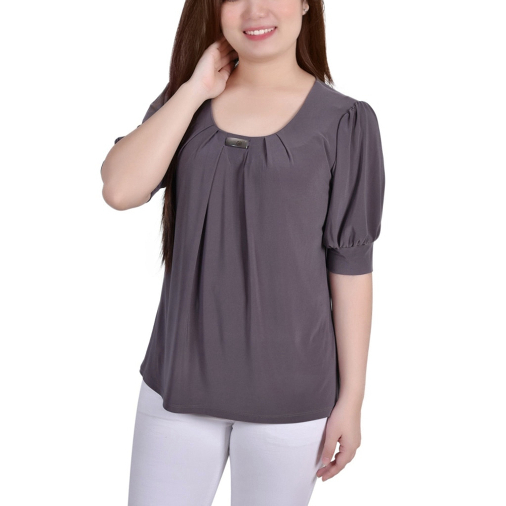 NY Collection Women's Petite Large Charcoal Grey Pleated Blouse NWT